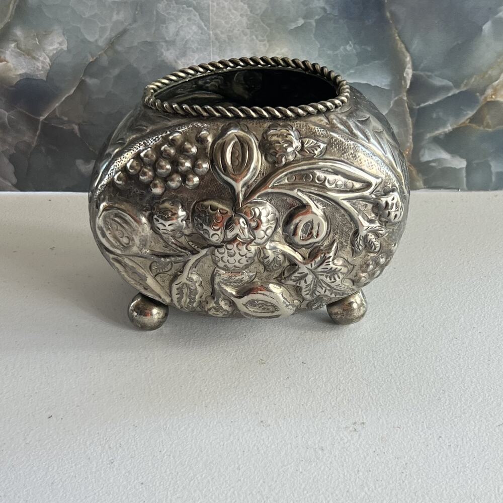 Open Salt Cellar Dish Repousse Floral Design 5.5"x6"